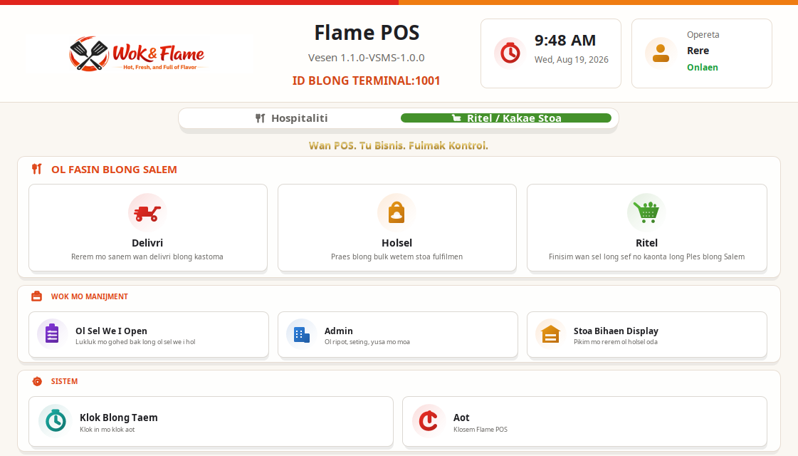 Skrin blong FlamePOS long Bislama: ol fasin blong salem, wok mo manijment, mo sistem