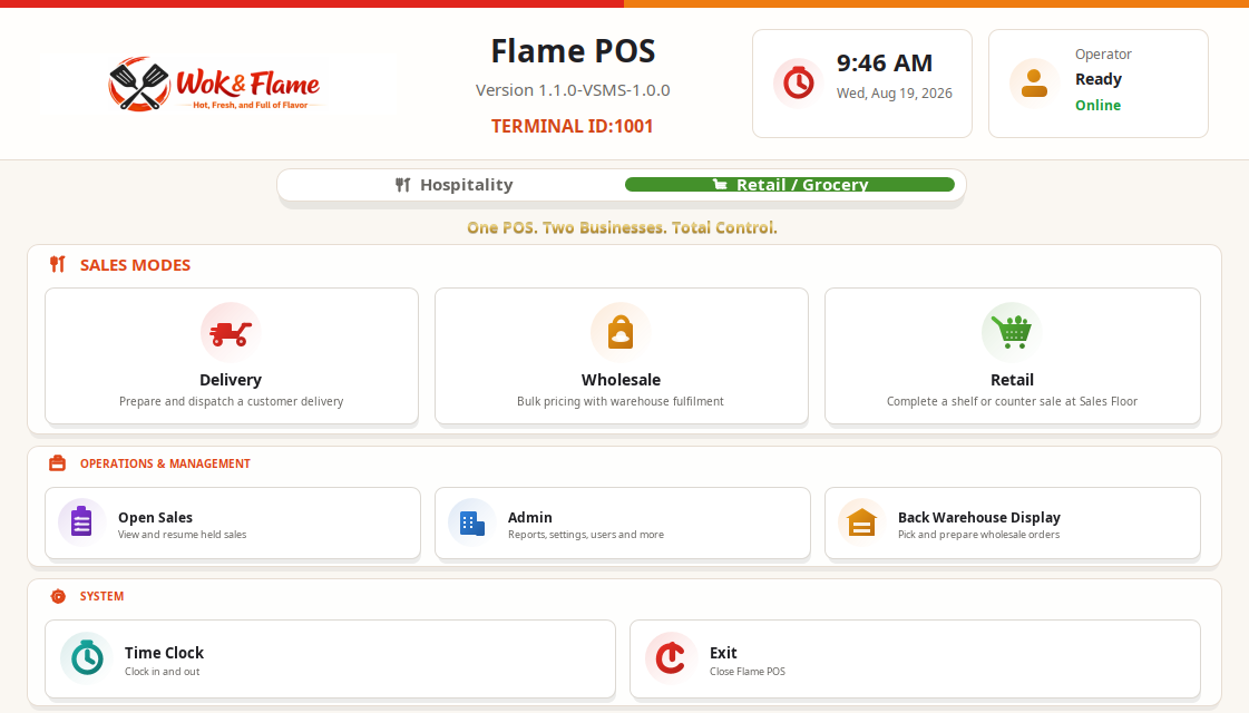 The FlamePOS main screen in English: sales modes, operations and management, and system