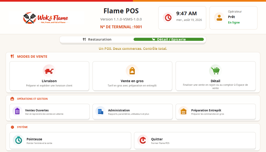 L'écran principal de FlamePOS en français : modes de vente, opérations et gestion, système