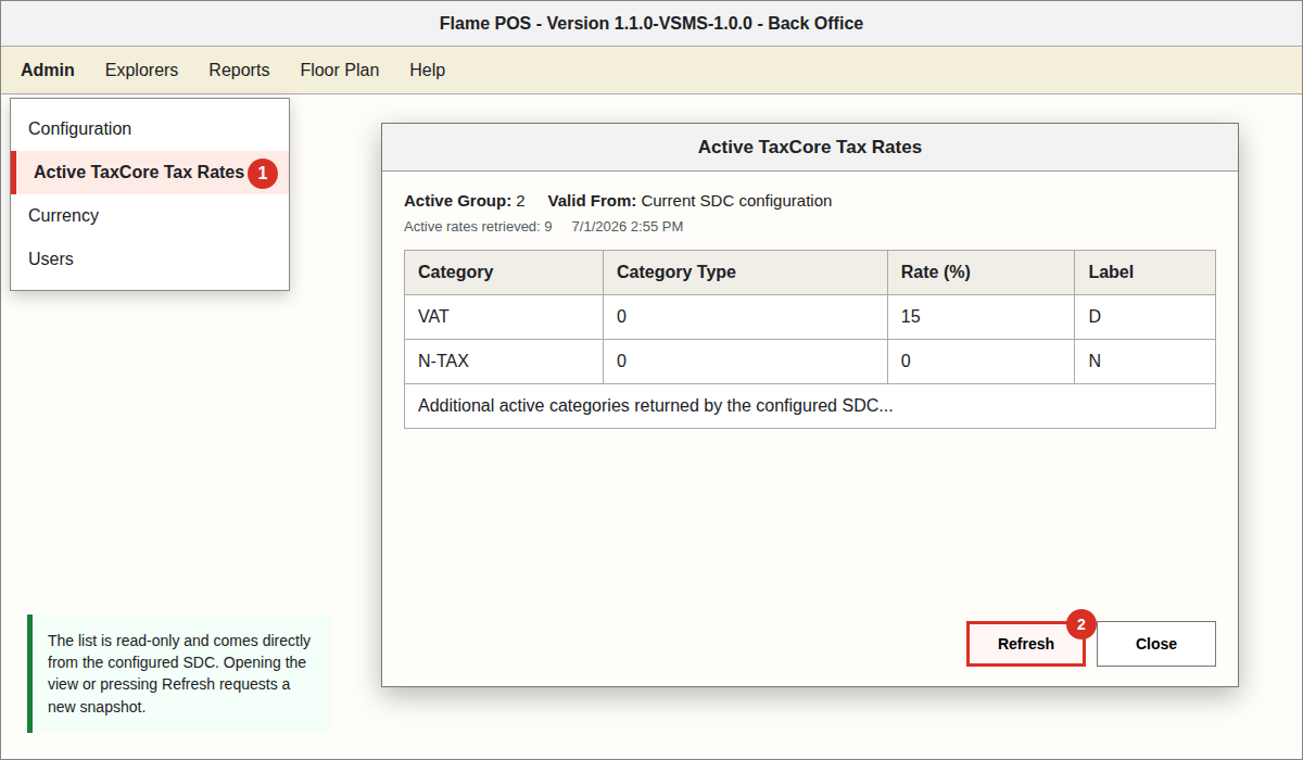 FlamePOS Back Office Admin menu and Active TaxCore Tax Rates dialog showing the current SDC tax-rate group