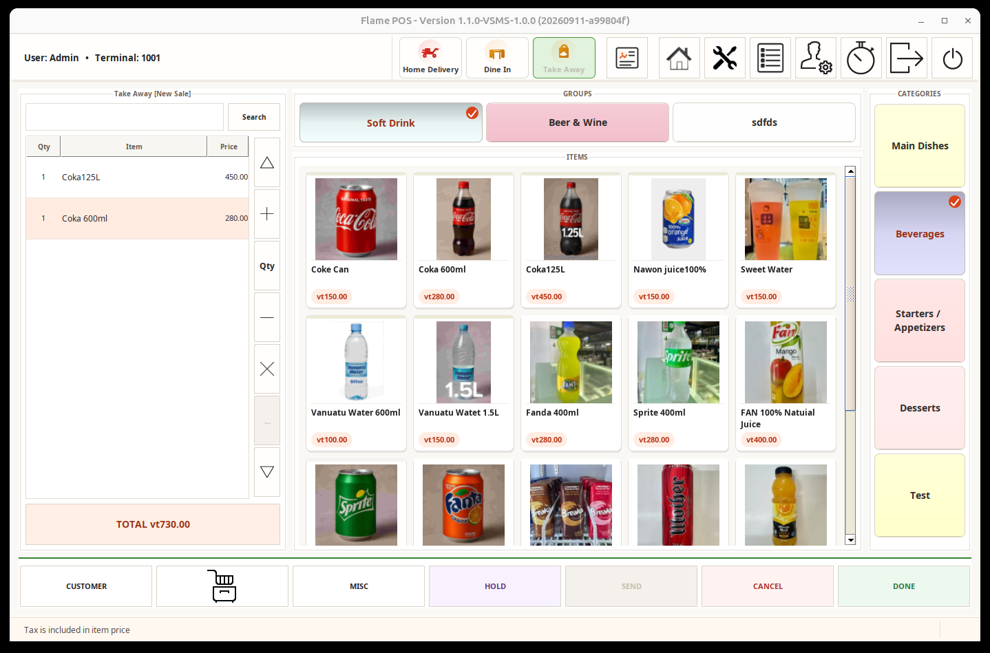 Current FlamePOS Order screen with a Take Away sale and two products
