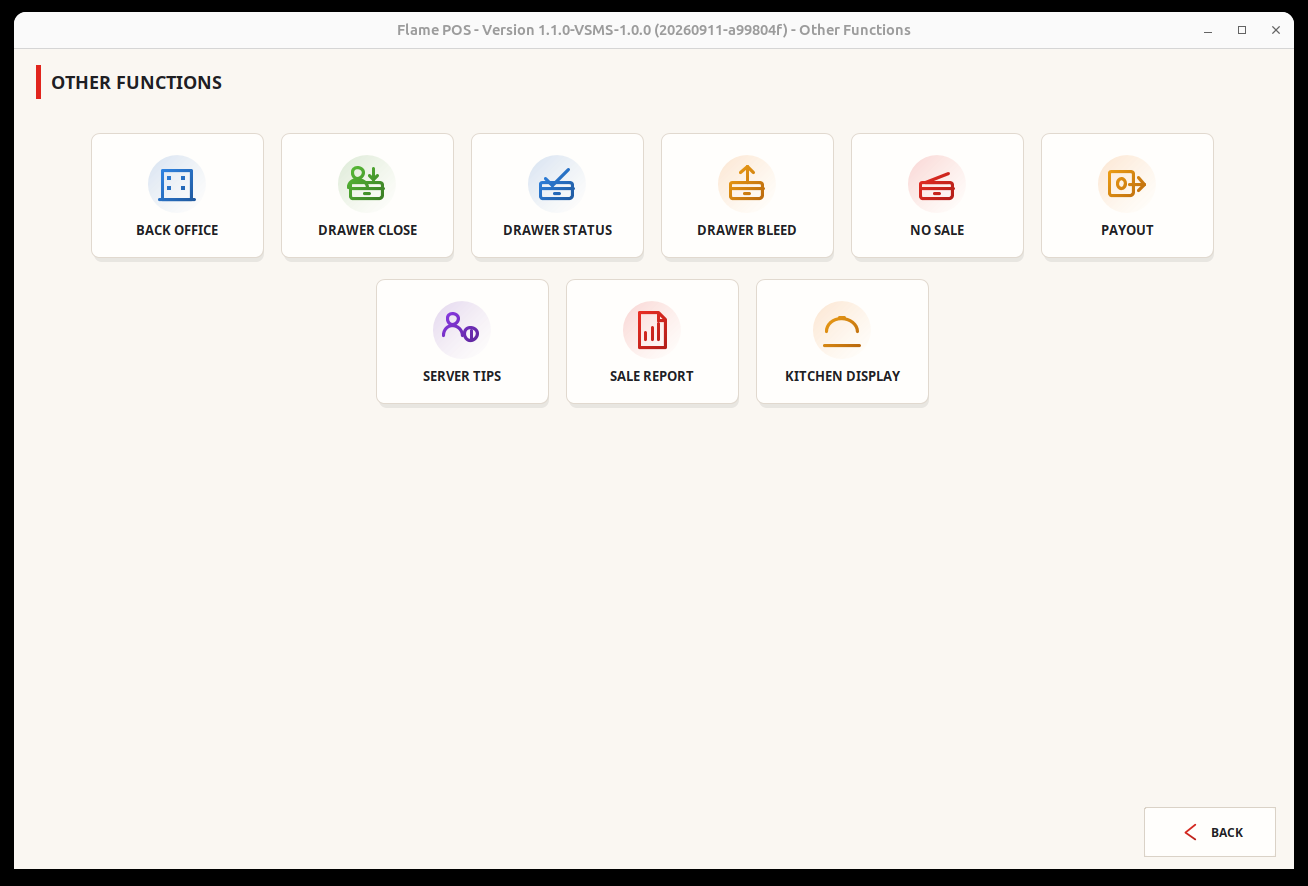 Current FlamePOS Other Functions screen with nine operation cards