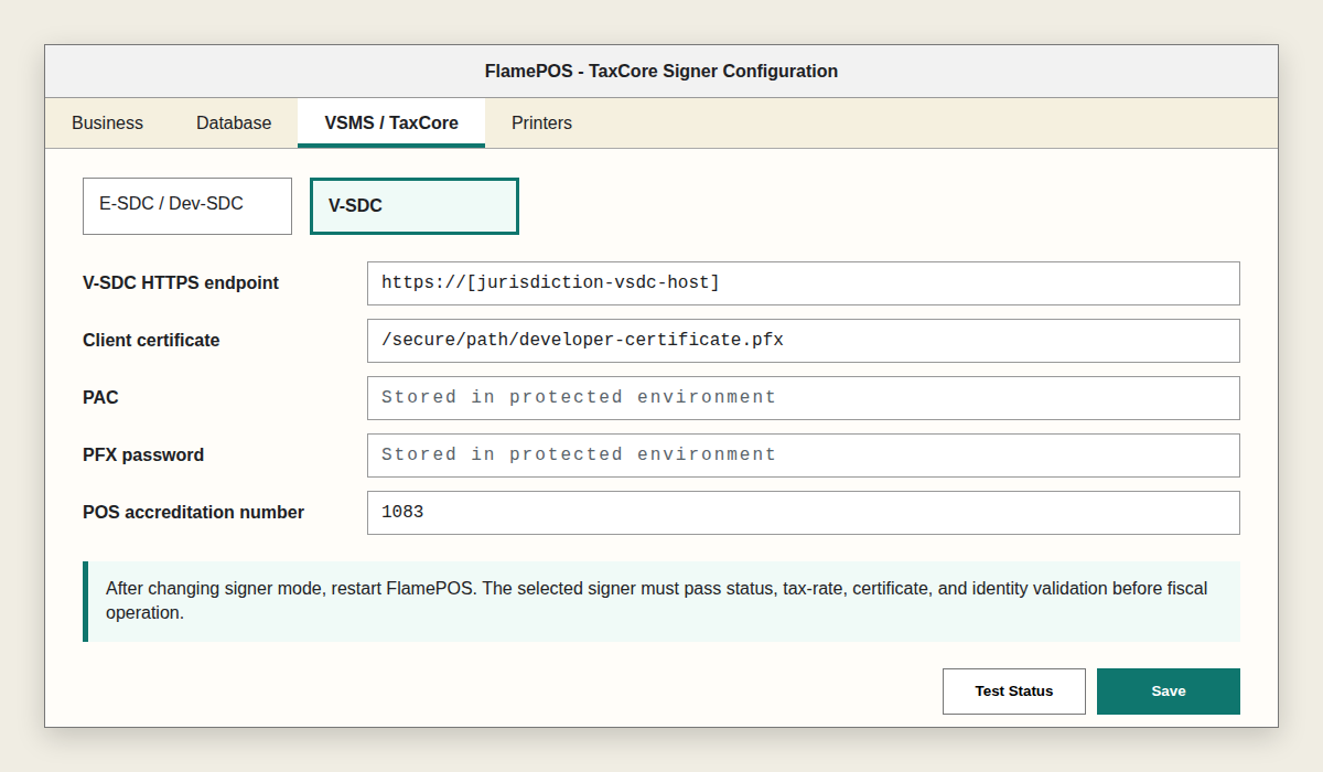 FlamePOS TaxCore signer configuration showing V-SDC selection, endpoint, certificate and protected secrets